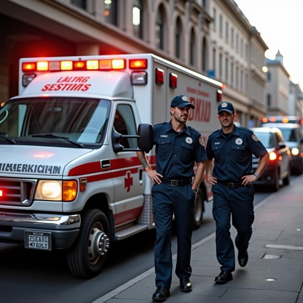 Emergency response team in uniform standing by an ambulance. Scene depicts a city street environment showcasing readiness to respond by emergency services.