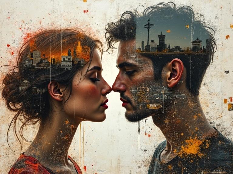 A double exposure image of two lovers with an urban landscape. Textured materials like newspaper, jute fibres and wood are visible. Mixed media elements include glittering confetti and origami. The composition is multilayered and stunning with luminous colors. Overall aesthetic is magical and evocative.