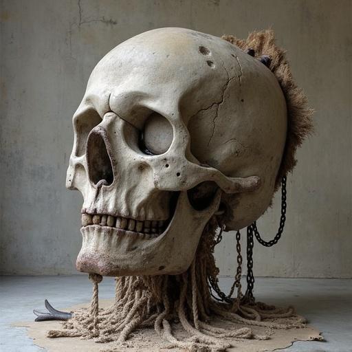 A sculpture in the form of a skull. The skull is detailed and ominous. It features elements resembling medieval torture devices. Materials include weathered concrete, wood, burlap, rope, rusted steel, iron chains, found objects, and shackles. The style draws from Anselm Kiefer and Eva Hesse. The sculpture evokes themes of BDSM and post-minimalism.