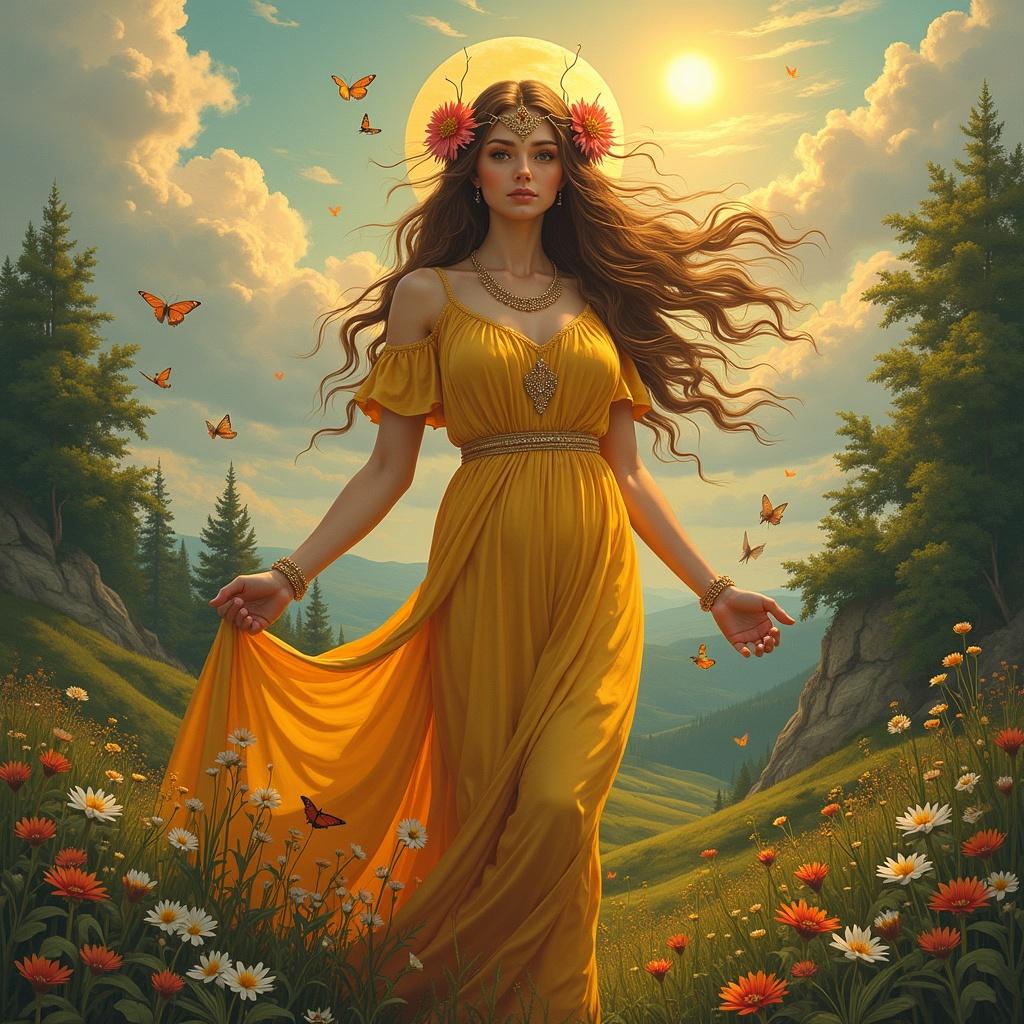 A goddess representing summer and wildlife. She wears a flowing golden dress adorned with floral elements. Butterflies surround her in a picturesque landscape with mountains and blooms. The scene is filled with sunlight and a serene atmosphere.