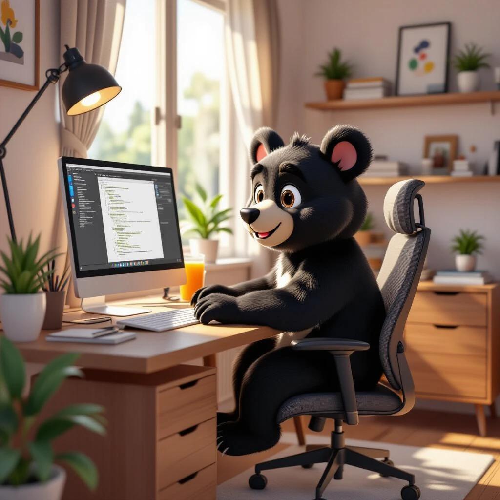 A bear character in anime style using a computer in a cozy room filled with plants and decor enjoying honey.