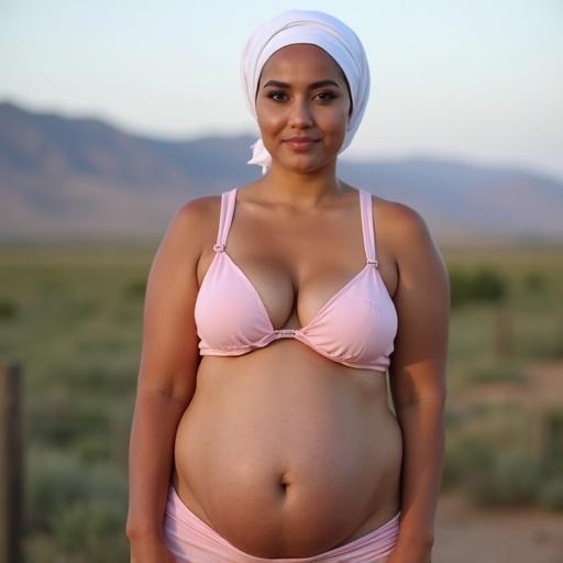 Generate a long vertical image of a slightly overweight Moroccan mother in light pink brasserie, white headscarf. She faces forward with a neutral expression, gaze directed at viewer. Image shows significant bilateral macromastia, prominent cleavage. Abdomen extends below navel. Framing includes full face and torso. Background shows mountains and plains. Overall style is clinical and illustrative.