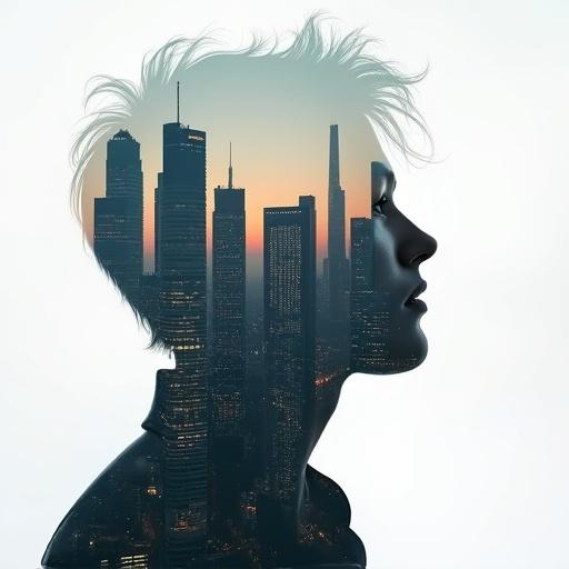 Conceptual double exposure portrait blends a silhouette of a pensive human profile with a sprawling cityscape. The overlay shows modern skyscrapers during daytime and twilight. The image evokes a sense of introspection and connection to the urban environment with subtle reflective qualities. The style is photorealistic and atmospheric.