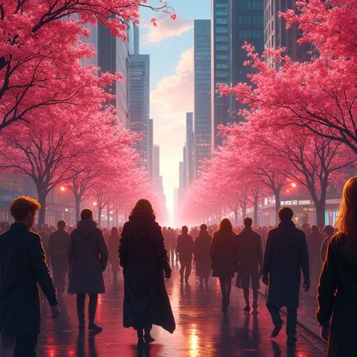 Anime style image of a futuristic city in 2037 filled with cherry blossoms. It shows a crowded street with richly dressed partygoers. The scene is set at midnight with a hi-tech atmosphere.
