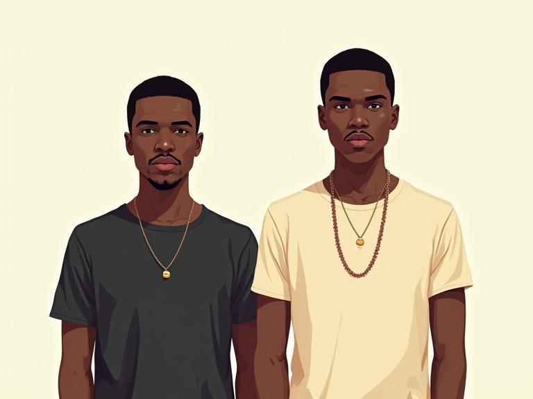 Two male figures standing side by side facing the camera. Both wear solid color t-shirts, no accessories. The illustration is in a digital comic style resembling Grand Theft Auto 3 graphics with bright, flat colors and bold outlines.