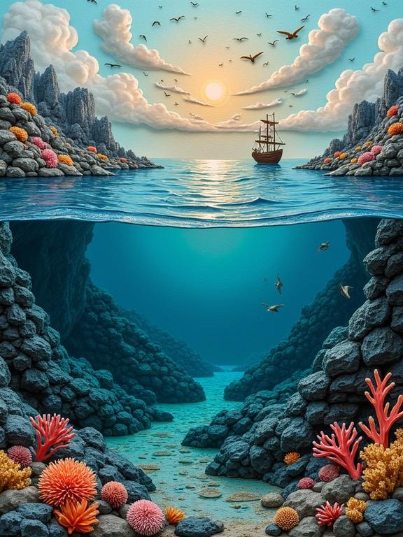 Oceanscape made from clay. View above water features ships and birds. Below water shows coral and seaweed. Illustration has vibrant details and split view.