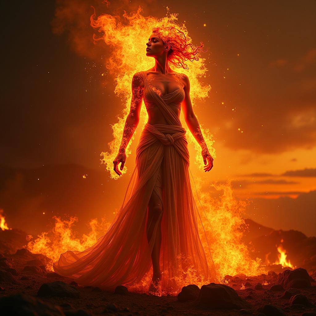 A goddess made of fire and volcanic elements. Fierce and beautiful in her presence. Surrounded by flames and dark landscape.