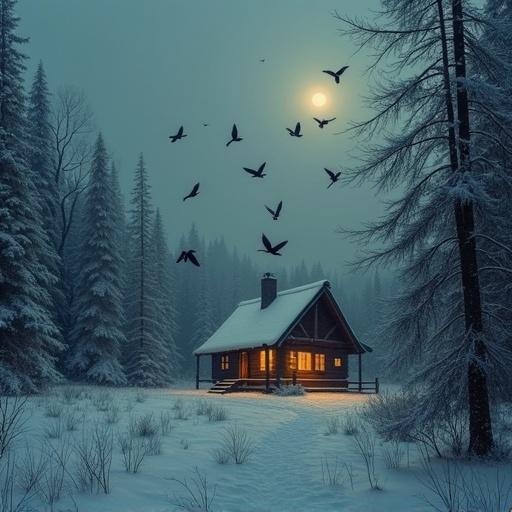 Small birds fly toward a glowing cabin roof in a snowy landscape. Scene depicts tranquil winter atmosphere with snow-covered trees and a full moon. Cabin emits warm light, contrasting with the blue night sky.