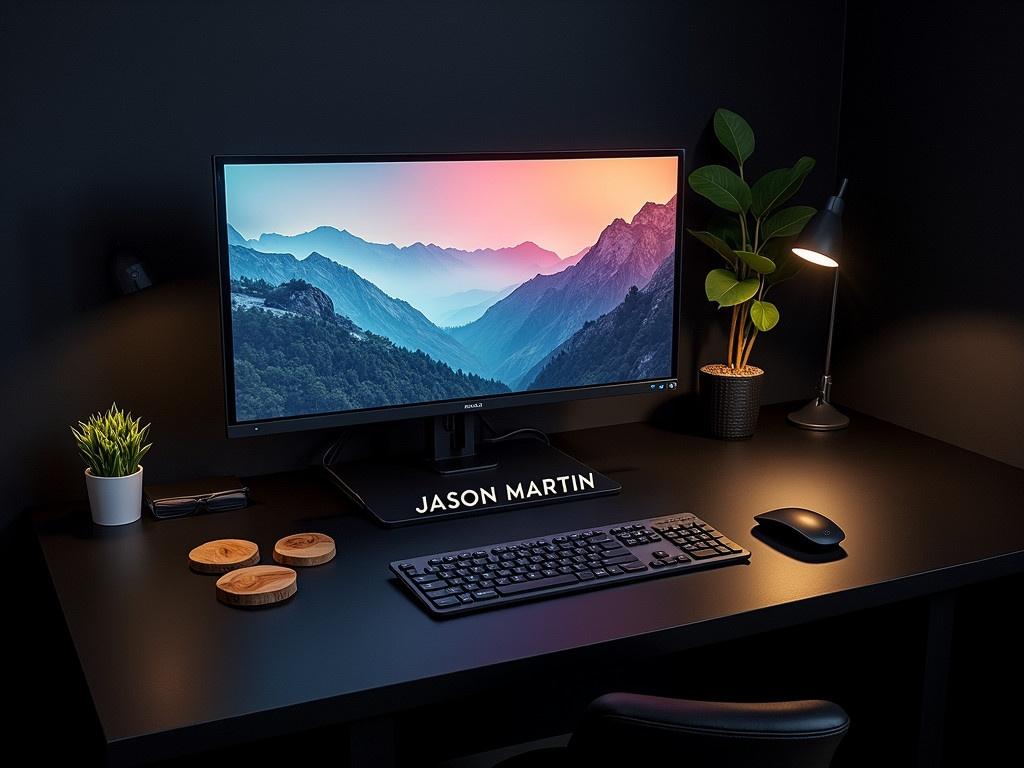 The image presents a stylish and modern workspace belonging to Jason Martin, a graphic designer. The desk is dark and features a sleek computer monitor displaying a colorful landscape wallpaper. There is a minimalistic keyboard and mouse on the desk, along with a few wooden items, possibly coasters or a notebook. A small green plant adds a touch of nature to the setup, contrasting nicely with the dark colors. The overall lighting gives a cozy and creative atmosphere, suitable for a designer's work. The name 'JASON MARTIN' is prominently displayed, indicating the owner of the workspace.