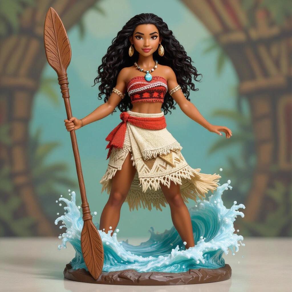 Ultra detailed resin figure of a stylized ocean princess. Young woman with fit brown skin in a sensual pose wearing a tribal dress in earth tones. Holds a ceremonial oar symbolizing connection with the sea. Long wavy hair moved by breeze. Base represents rocky platform with magical water. Fully connected for resin printing. Elegant and mystical style ideal for fantasy figure collection.