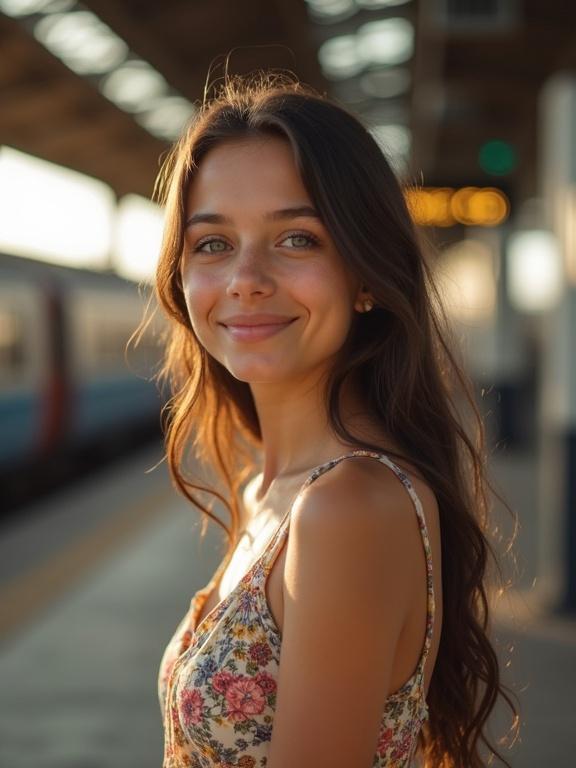 Young girl with long hair smiling at a train station. Wearing a floral sundress. The scene captures the essence of travel and youth.