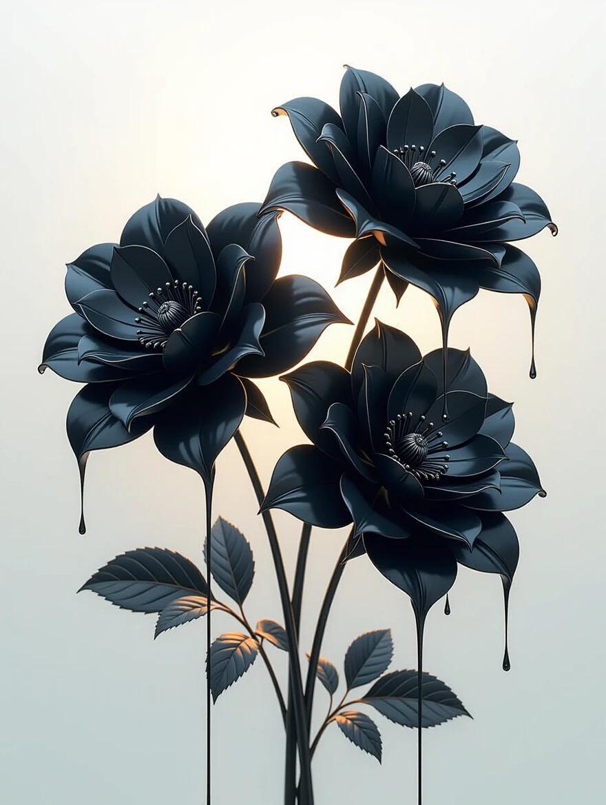 Close-up view of three elegant black flowers. Liquid metal surfaces with paint accents. Exquisite craftsmanship reflects botanical symmetry. Strong contrast of glowing highlights and deep shadows. Moody color palette with harmonious dark tones. Ethereal and cinematic lighting creates captivating reflections.