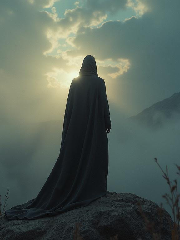A cloaked figure stands atop a rock. The setting sun peeks through clouds creating an ethereal atmosphere. The scene evokes a sense of silence and power.