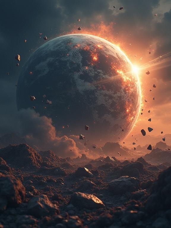 Planet earth depicted as shattering dramatically with pieces falling apart. Illustration showcases dramatic lighting and evokes a sense of loss.