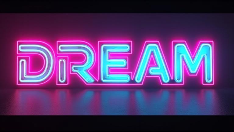 A vibrant neon tech music album cover featuring the word 'DREAM' illuminated in blue and pink lights