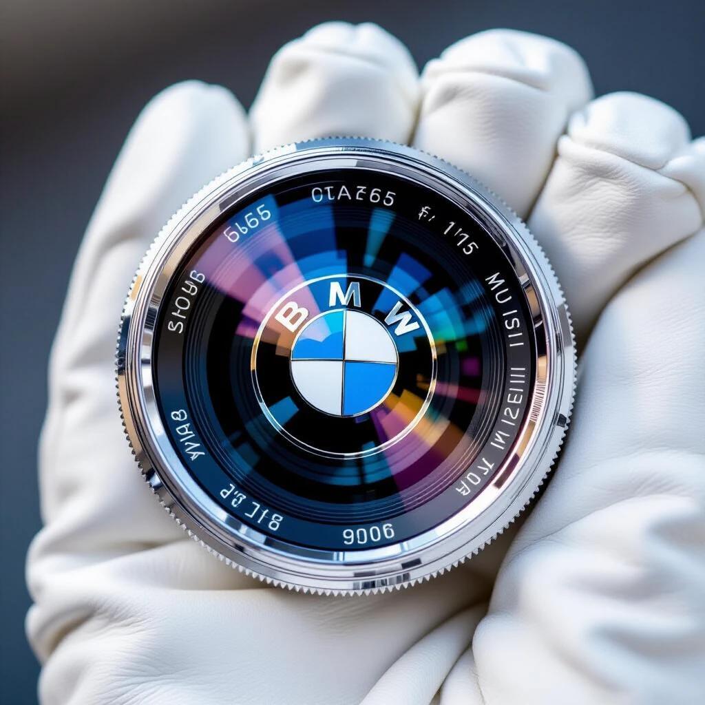 Showcase BMW emblem from 1936 in chrome finish. Diameter is 82mm. The emblem shows vintage casting bubbles. Mirror polish with reflective glove and hood. Use macro lens with focus on surface. Capture during golden hour with alpine backdrop. Post-process with focus stacking and subsurface scattering.