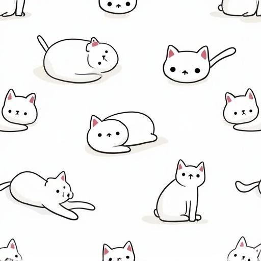 Seamless repeatable pattern featuring minimalist black-and-white cats in various poses. Cats are depicted sleeping, stretching, and walking. The style is simple line-art with large expressive eyes, set against a transparent background. The overall aesthetic has a clean, Scandinavian vibe suitable for decor and fabric use.