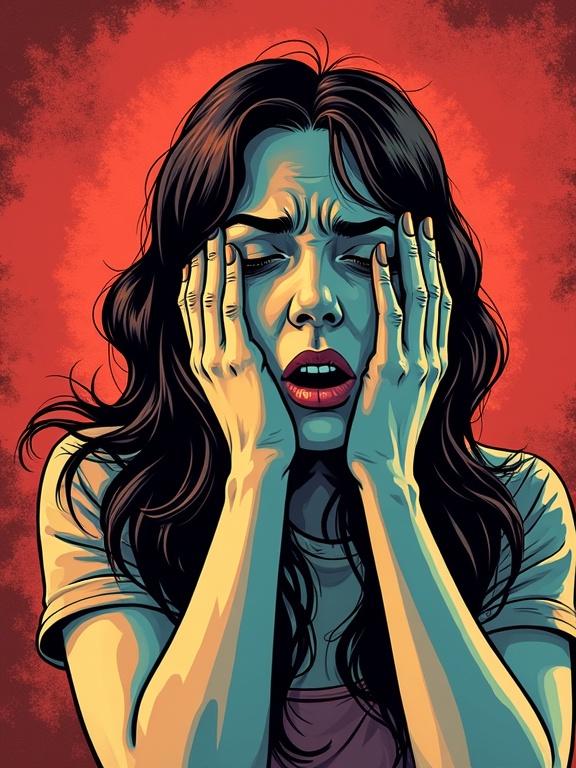 Illustration showing a person in a state of panic attack. Comic style used to convey emotional intensity. Character's hands cover the face. Background color gradient from deep red to soft blue.