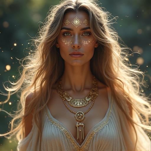 A majestic goddess stands proudly. One hand holds thin silver-rimmed glasses. Fingers grip the frame gently. Bare eyes glow with divine magic. Arcane runes swirl in irises. Long flowing hair and elegant robes blown by wind. Ethereal light surrounds her. Magical energy flows from her eyes. Celestial symbols float in the air. Detailed skin and fabric textures. Cinematic lighting enhances her powerful expression. Enchanted atmosphere evokes fantasy mythology.