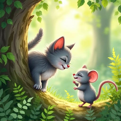 Watercolor illustration of cat cub and gray mouse playing in forest. They are joyful and running around tree trunk covered in moss. Scene filled with green ferns. Light filters through leaves creating whimsy mood.