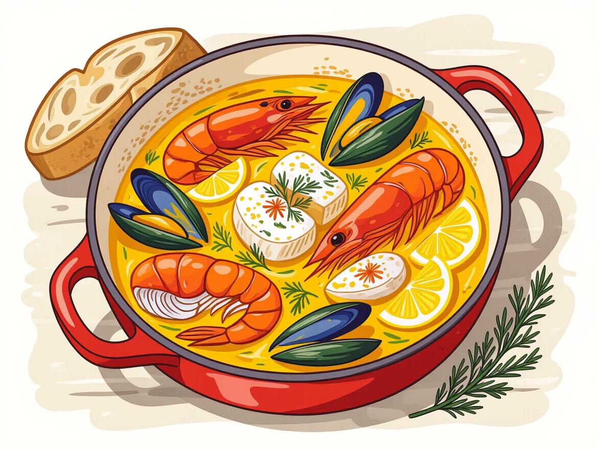 Cartoon-style illustration of a Provençal fish stew. The stew is vibrant with large shrimp and mussels. Includes yellow saffron broth with aromatic herbs and fresh lemon slices. A rustic loaf of bread is nearby. Perfect for Mediterranean cuisine lovers.