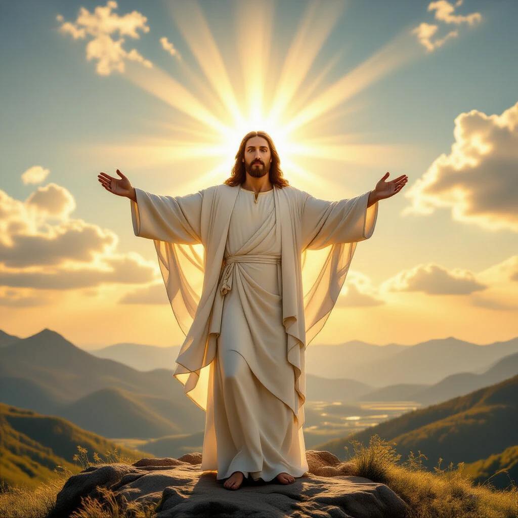 Image of Jesus Christ standing on a mountain at sunrise. Arms open wide. Radiant light shining from heavens. Sky filled with soft golden clouds. Below Him a vast beautiful valley. Peaceful loving expression. Flowing glowing white robe. Divine powerful atmosphere. Hopeful feelings.
