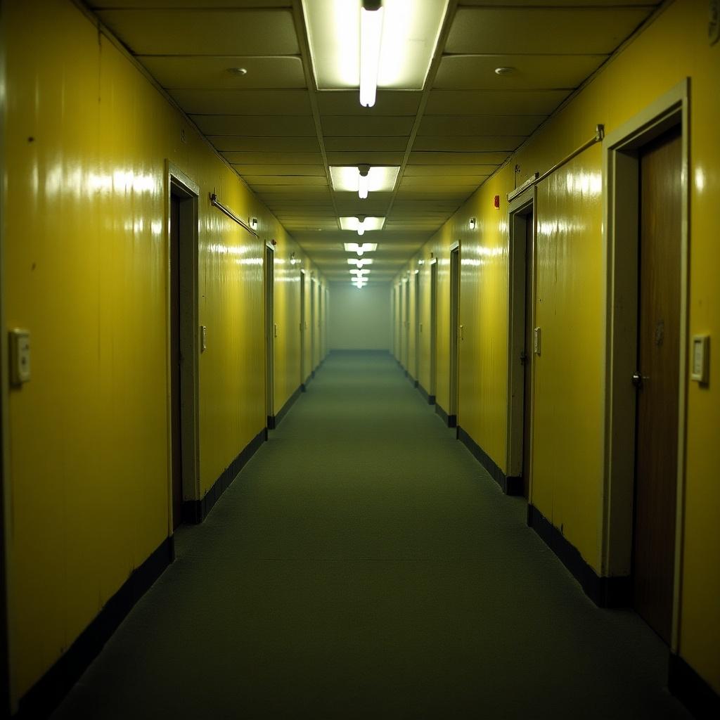 Endless hallway with yellow walls and doors on both sides. Dim fluorescent lights illuminate the corridor. A sense of emptiness and mystery in the atmosphere. Fog expands at the end of the corridor.