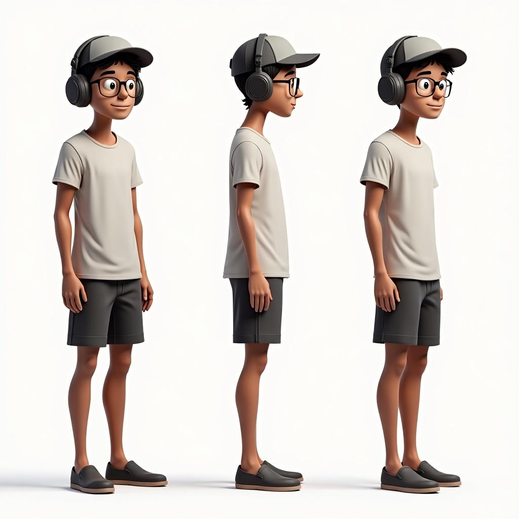 A 3D animated character displayed in three views: front, side, and back. The character is tall and thin, wearing oversized headphones and a cap. They are dressed in a simple t-shirt and shorts, with slip-on shoes and glasses. The design features a playful and friendly demeanor, suitable for a youthful audience. The lighting is bright, highlighting the character's casual outfit and accessories. The color palette consists of neutral tones, giving a modern and clean look.