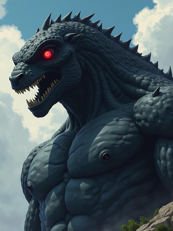Giant monster styled like a Greek statue. Entirely black with two distinct eyes; one black and one red. Created in an anime illustration style.