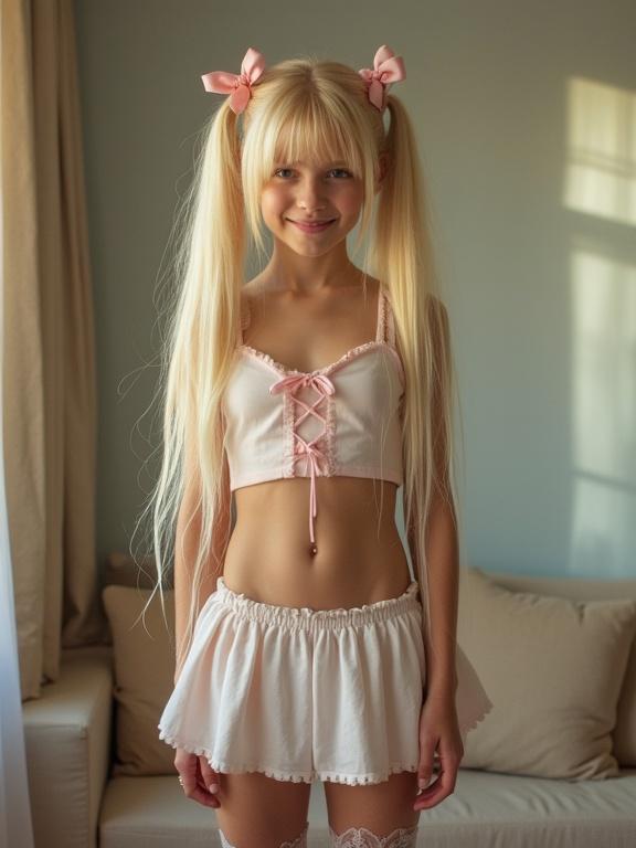 Young girl with long blonde hair in twin tails wearing bows. She stands in a living room. Outfit includes a crop top and a micro skirt. Thigh-high socks with lace detail. Natural sunlight illuminates the scene. Light colors create an inviting atmosphere.