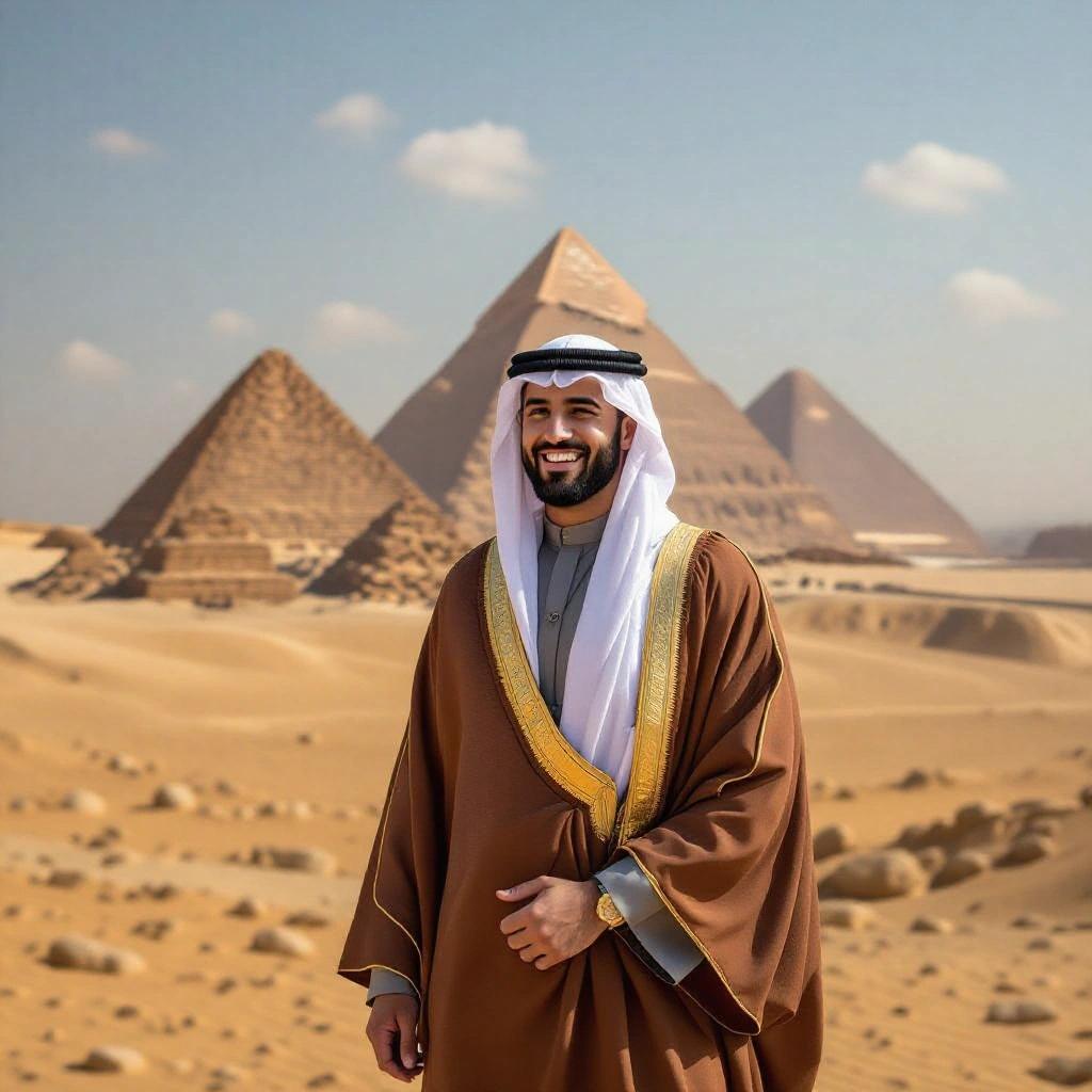 A man in traditional Egyptian attire stands smiling in front of the Giza pyramids. Desert landscape surrounds him with clear sky. Man expresses joy and pride.