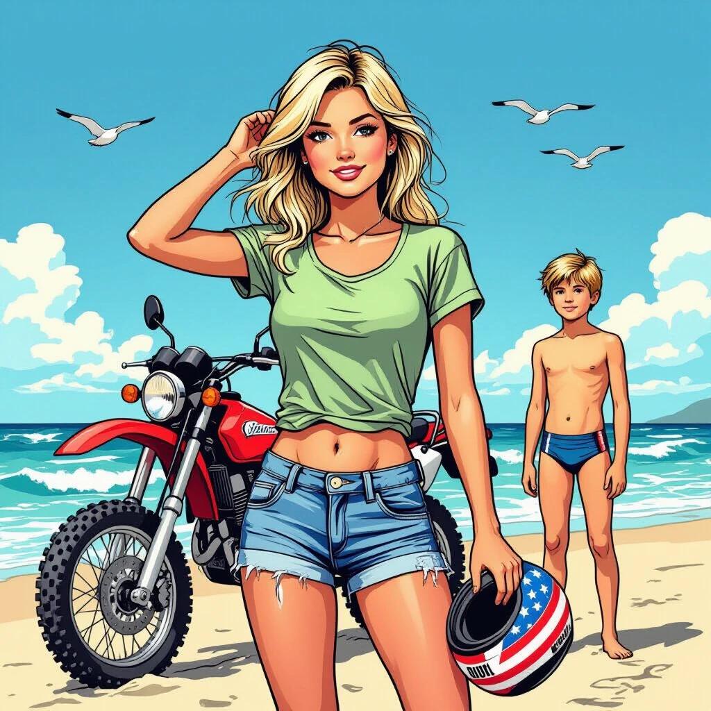 Image features a blonde girl at the beach in a t-shirt and shorts. She stands beside a red off-road motorcycle. One hand is in her hair, and the other holds a helmet painted like the USA flag. In the background, a boy in swimming trunks admires the motorcycle. The beach is bright and cheerful.