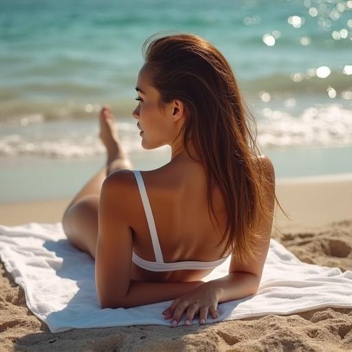 Young woman in a swimsuit on the beach. Laying on towel by ocean. Camera angle from behind her head.
