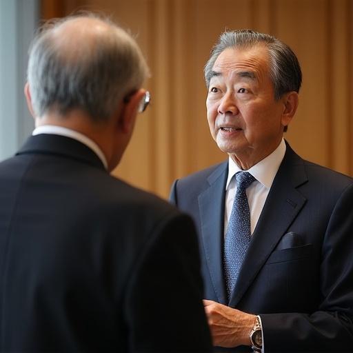 Prime Minister Ishiba engaging in a dialogue about economic policies with the Bank of Japan governor. Close-up shot of both individuals in a formal setting. One person is slightly turned away while the other is facing forward, showcasing a professional interaction.