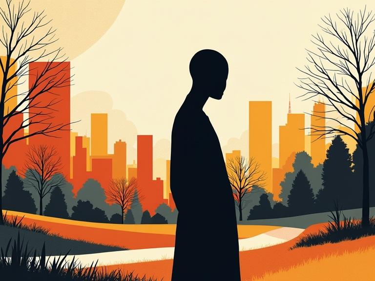Faceless black mannequin in stylish clothes stands in a city park landscape. Abstract illustration features bold monochrome background. Sharp colorful contrasts with clean negative space. Surreal and emotive composition. Fashion editorial vibe with high-concept visual storytelling.