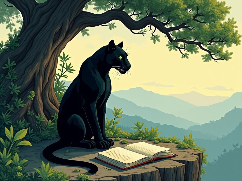 A black panther sits gracefully on the edge of a tree stump, surrounded by lush greenery under the shade of a large tree. An open book lies before it, suggesting an atmosphere of wisdom and contemplation. The background features distant, hazy mountains, adding depth and mystery to the scene, while the lighting casts soft shadows, enhancing the tranquil mood.