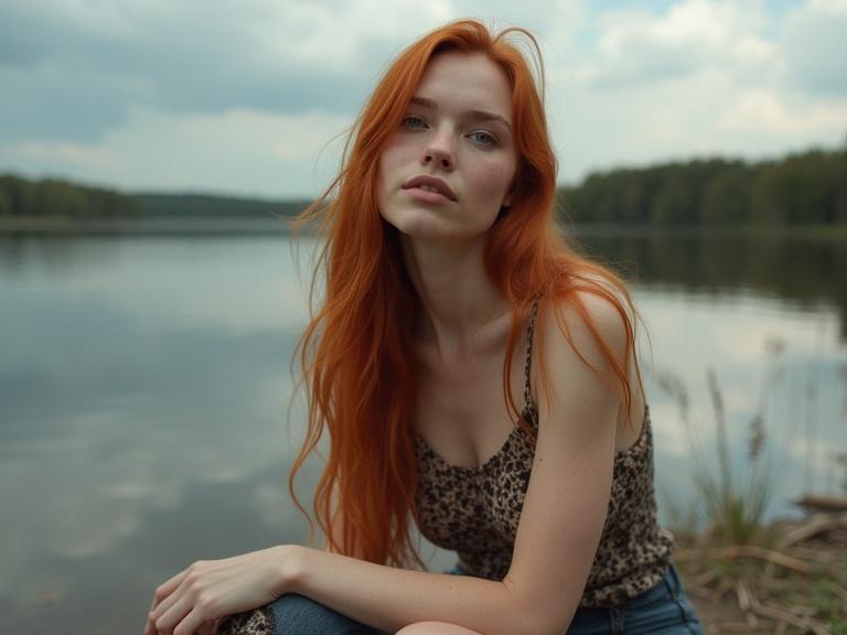 A young woman with long ginger hair sitting by a lake. The background shows calm water and trees. The woman has light skin and is wearing a tank top. She looks serene and contemplative.