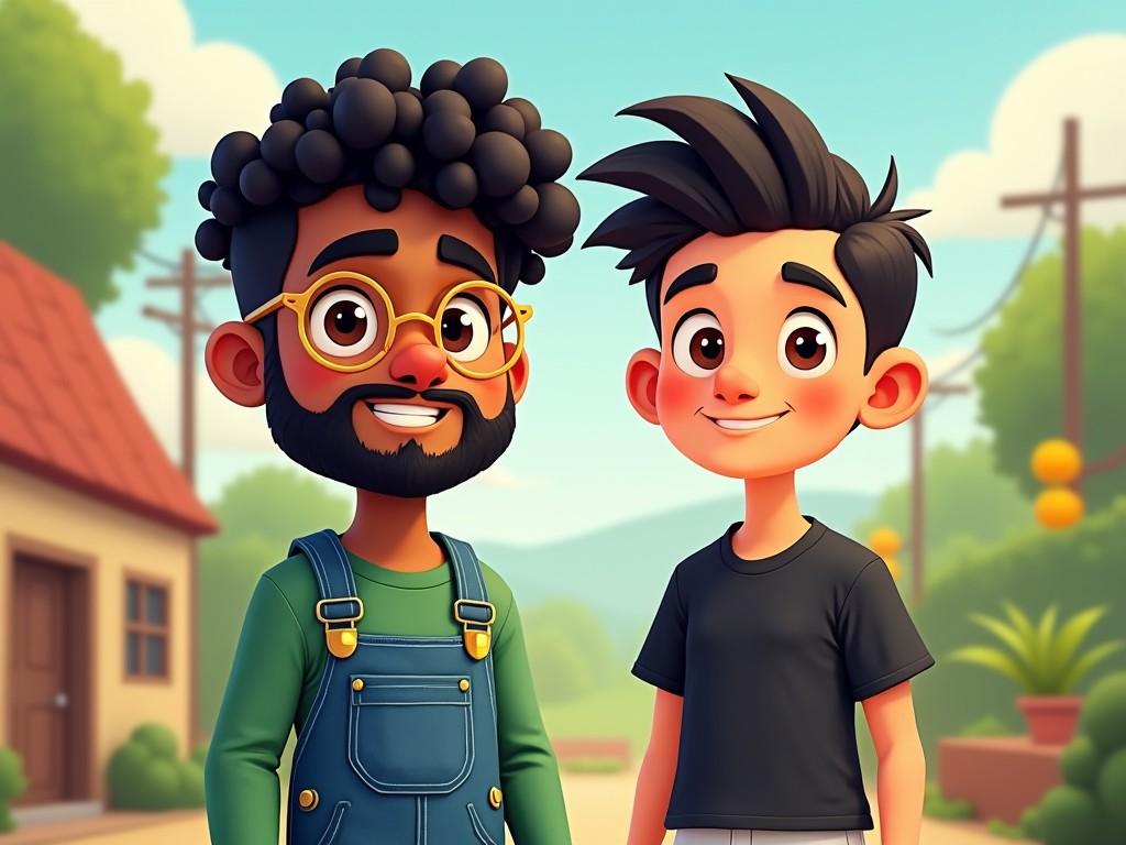 This image features two animated characters named Zeco and Simsm, created for a children's illustration. Zeco is portrayed with semi-curly black hair, light brown skin, and stylish hexagon golden glasses. He wears a blue jeans overall over a long-sleeved green cotton shirt, and has a light beard. Simsm, on the other hand, is depicted with short black hair styled upwards, a white complexion, and hazel eyes. He is dressed in a black T-shirt paired with white shorts. They stand outdoors against a vibrant backdrop, smiling and exuding a friendly vibe. The artistic style is playful and colorful, perfect for engaging a young audience.