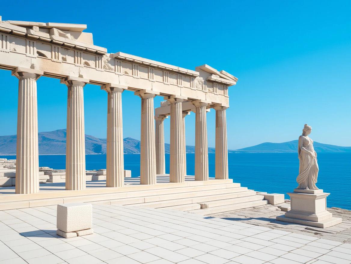 Grecian temple showcases majestic marble columns and a statue. The background features a calm sea and distant hills. Perfectly clear blue sky enhances the serene atmosphere.