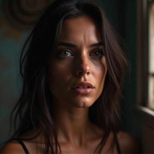 A woman with a scared expression is captured in a close-up shot. Soft, natural light beautifully highlights her features. She has wavy hair and her eyes reflect an emotional state.