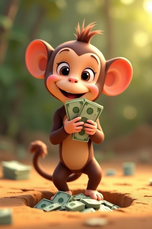 A 3D animated monkey stands upright on the ground holding cash. The monkey has a cheeky smile and expressive eyes. A hidden pile of money is partially buried in the dirt below. The monkey looks around, leans forward, and gestures happily. It says: “Lihat! Aku menemukan harta karun!” The scene is vibrant and colorful with smooth animation and playful sound design.