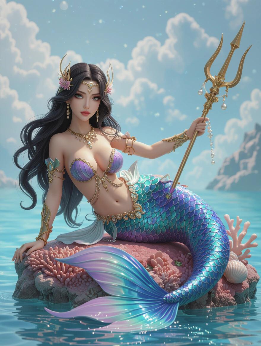 A detailed and stylized 3D figure representing the zodiac sign Pisces. The figure has a mermaid body with a vibrant tail resting on a coral-like rock. One hand holds a trident. The armor showcases shells and gold details. Hair float elegantly in water with studio light accentuating features.