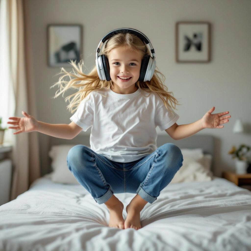 Blonde blue-eyed girl wearing large headphones levitating in bedroom. She jumps joyfully on bed with her body off the ground. Oversized t-shirt and casual jeans dominate the scene.