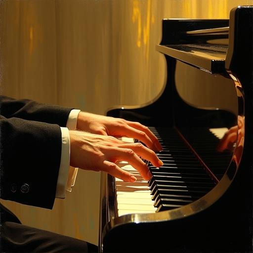 Elegant fingers in tailored cuffs play a grand piano. Warm golden light highlights intricate details. Inspired by realism, expressiveness, and romanticism of notable artists.