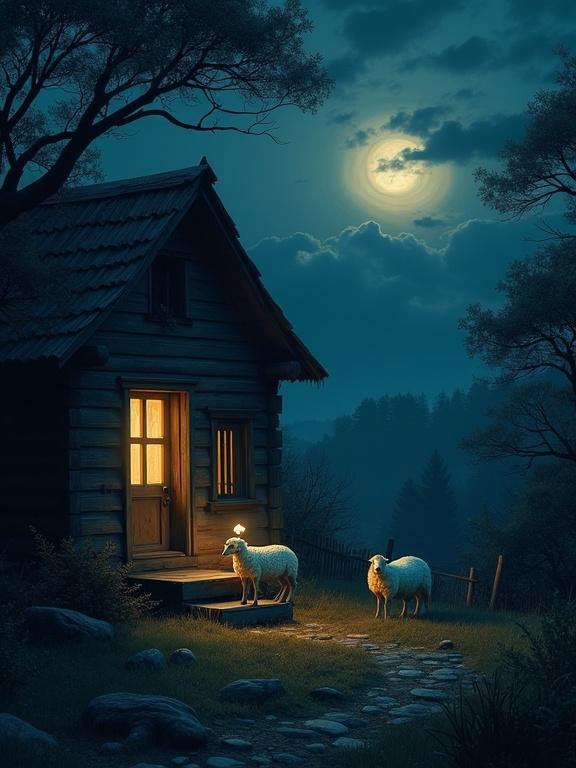 Surreal scene of a dark moonless night. Small wooden house on the edge of the forest. House glows softly from the window, illuminated by oil lamp. Curly white wool lamb standing guard beside a baby cradle. Dark sky filled with gloomy clouds. Shadows of trees creating ghostly shapes.