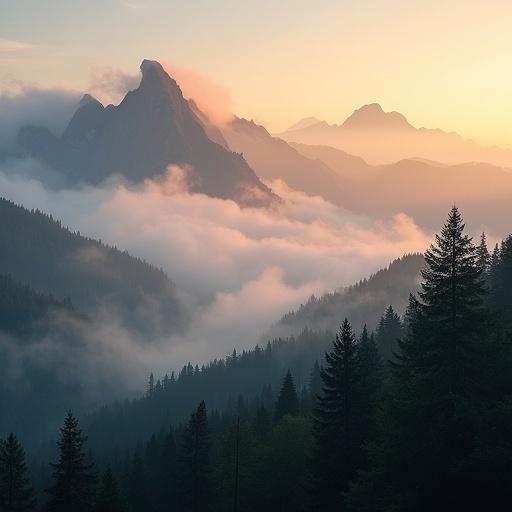 Dawn breaks over misty peaks towering above clouds. Soft light illuminates pine forests like molten gold.