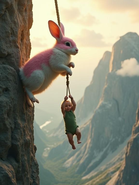 A fantasy scene features a large rabbit with pink and white fur climbing a mountain. A baby in a green romper hangs from a rope around the rabbit's neck. The baby grips the rope with both hands. Dramatic mountain cliffs and soft clouds appear in the background. The sunset light adds warmth to the scene. The artwork blends fantasy and realism in a cinematic style.