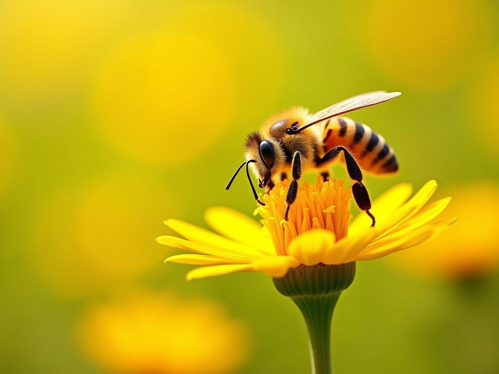 A honey bee resting on a beautiful yellow flower, showcasing the vibrancy of spring and summer season. The bee is collecting pollen, contributing to the pollination process. The scene captures a wild nature landscape, illustrating the beauty in nature. The background features gentle blurred yellow and green hues, enhancing the focus on the bee and the flower. This image serves as a perfect banner for themes related to nature and the environment.