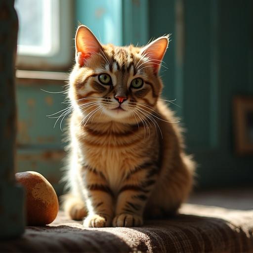 Close-up of a ginger tabby cat sitting on a wooden surface in a cozy room. Soft natural light illuminates the scene from a nearby window. The background is slightly blurred.
