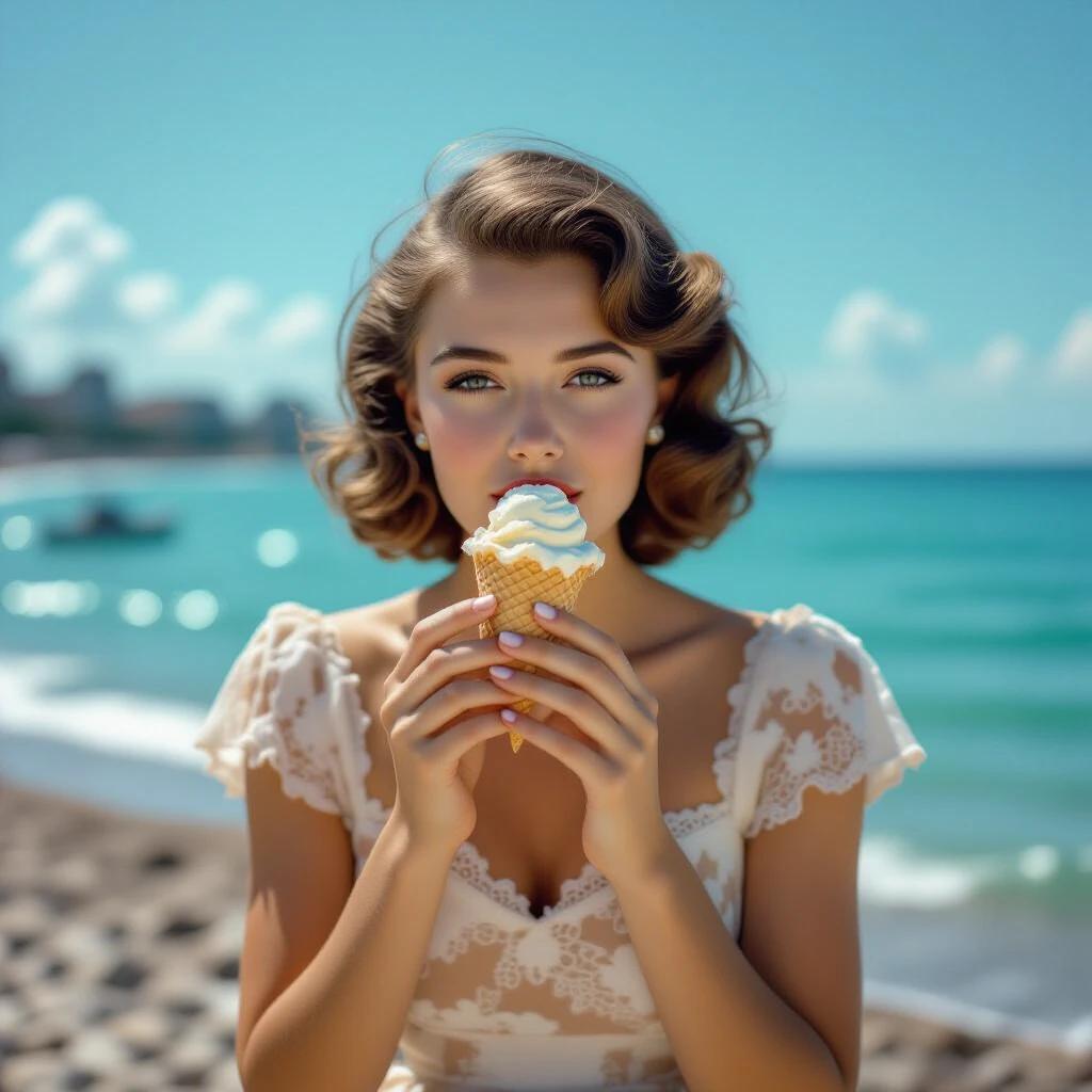Photorealistic portrait of a woman in a lace dress. She holds an ice cream cone at the Black Sea coast. The setting captures the essence of summer. Shot shows body in full with cinematic framing. Background features beautiful blurred seaside scenery. Image embodies a vintage 1945 aesthetic with soft tones.